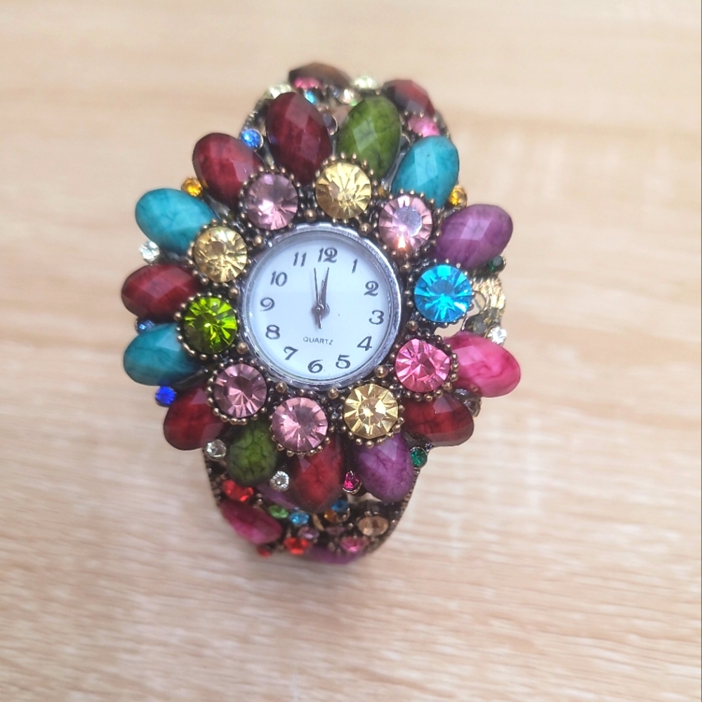 Bezel Japan Rhinestone Crystal Cuff Bangle Bracelet Quartz Watch Stainless Steel